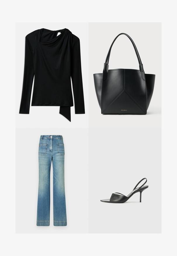 Melnas garām piedurknēm topa izstrādājums, izgatavots no gludas auduma, ar drapētu dekoltē, asimetrisku apakšmali un izgriezumu detaļu aizmugurē.; Gaiši zili džinsi ar platām kājām, piecām kabatām, jostām, pogas aizdari un viegli nolietotu tekstūru, ar sarkanu logotipu uz aizmugures.; Melnas ādas siksniņu augstpapēžu kurpes ar norādītu purngalu, plānu potītes siksniņu un stiletto papēdi. Arī ar sasietu detaļu uz vamp.; Melnas ādas plecu soma ar ģeometrisku dizainu, kas aprīkota ar divām rokturiem un zeltainu zīmolu priekšpusē. Gluda tekstūra un strukturēta forma.