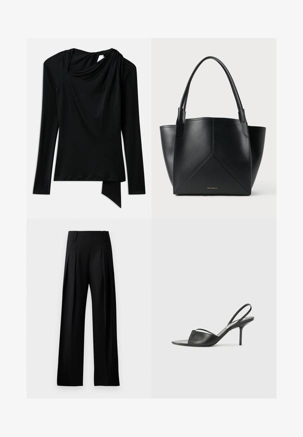 Dugih rukava crna majica od glatkog materijala, s drapiranim izrezom, asimetričnom donjom ivicom i izrezom na leđima.; Crne krojene hlače širokih nogavica, s plitkim naborima sprijeda i glatkom teksturom. Nema vidljivih ukrasa ili uzoraka.; Crne kožne sandale sa otvorenom petom, s izduženim nosom, tankim remenom oko gležnja i stiletto potpeticom. Imaju čvorasti detalj na prednjem delu.; Crna kožna torba s geometrijskim dizajnom, koja ima dva ručka i zlatni brend na prednjem dijelu. Glatka tekstura i strukturirani oblik.
