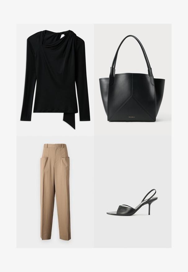 Dlouhý rukáv černého topu z hladkého materiálu, který má splývavý výstřih, asymetrický spodní lem a výřez na zádech.; Hnědé kalhoty s pruhy a vysokým pasem, dvěma velkými předními kapsami, zužujícími se nohavicemi a hladkou texturou. Zakázkový design pro strukturovaný střih.; Černé kožené lodičky na odkryté patě s špičatou špičkou, tenkým řemínkem kolem kotníku a jehlovým podpatkem. Obsahují uzlový detail na nártu.; Černá kožená taška na rameno s geometrickým designem, vybavená dvěma uchy a zlatým brandingem na přední straně. Hladká textura a strukturovaný tvar.