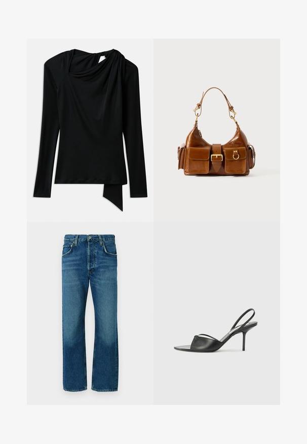 Pitkähihaista mustaa toppia, joka on valmistettu sileästä kankaasta. Siinä on laskeutuva pääntie, epäsymmetrinen helma ja leikkautuminen selässä.; Siniset farkut suoralla lahkeensuulla, joissa on viisi taskua, napillinen suljenta ja haalennusta lahkeiden alaosassa.; Mustat nahkaslingback-kengät, joissa on terävä kärki, ohut nilkkaremmi ja stiletto-korko. Yksityiskohtana on solmittu detali vampissä.; Ruskea nahkalaukku, jossa on kaareva muoto, kaksi kultaisen sävyistä metalliosaa, kaksi etutaskua ja leveä olkahihna. Silkkinen pinta ja tyylikäs viimeistely.