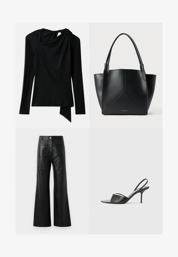 Pikad varrukad must pluus sujuvast kangast, millel on volditud kaelus, ebatasane helia ja lõhiku detail taga.; Mustad nahast laiad püksid, millel on ees taskud ja nööbilukuga kinnitamine. Materjal on sile ja kerge sädelusega ning nähtavad õmbluse detailid.; Mustaid nahk slingback kontsad terava nokaga, peene pahklu rihmaga ja stilettokandaga. Omab sõlme detaili vampi peal.; Must have geomeetrilise disainiga must nahast käekott, millel on kaks käepidet ja kuldne bränding esiküljel. Sile tekstuur ja struktureeritud kuju.