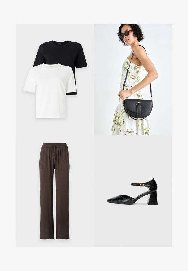 Melni un balti kokvilnas T-krekli. Apaļš kakls, īsas piedurknes, brīva piegriezuma. Melnais krekls ir novietots virs baltaa krekla.; Brūni širokie bikses ar elastīgu jostu un auklu. Tekstūrēts materiāls ar vertikālu svītru rakstu. Taisni griezti kāji.; Melnas patentētas ādas augstpapēžu kurpes ar norādītu pirkstu, potītes siksnu un teksturētu krokodila rakstu. Kvadrātveida bloka papēža dizains.; Melnas ādas rokassoma ar izliekta formu, noņemamu siksnu un zelta aksesuāriem. Somai ir vāciņš ar sprādzes detaļu.