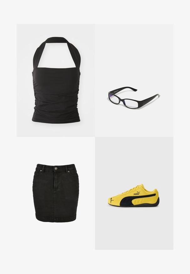 Top aderente nero con scollo all'americana realizzato in tessuto elastico. Presenta dettagli arricciati sui lati e un design solido e senza cuciture con una spallina ampia.; Gonna di jeans nera con taglio dritto, design a cinque tasche, chiusura frontale con bottoni e leggera scoloritura per un aspetto strutturato.; Sneaker giallo in suede con accenti in suede neri. Presenta una suola testurizzata, design con lacci e logo Puma sul lato e sulla lingua.; Occhiali rettangolari neri con lenti trasparenti. Finitura lucida, bracci sottili e una sfumatura viola visibile ai bordi delle lenti.; Orologio al quarzo Casio con quadrante rettangolare argento, dettagli dorati e bracciale in metallo bicolore argento e oro. Caratteristica di resistenza all'acqua.