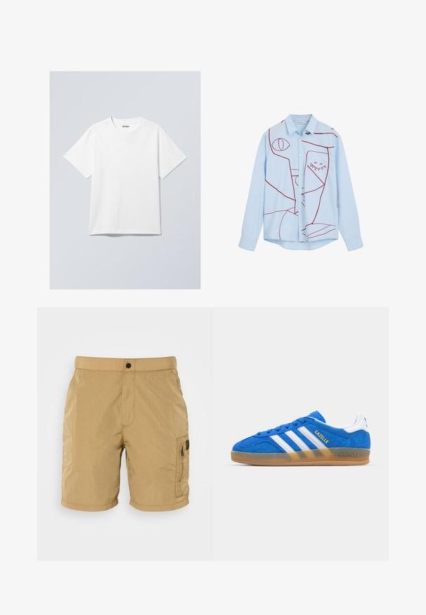 Maglietta bianca in cotone con collo rotondo, maniche corte e vestibilità comoda. Presenta un'etichetta di marca con la scritta "WEEKDAY" sul collo.; Camicia azzurro chiaro a maniche lunghe con colletto classico, caratterizzata da ricami astratti rossi, tra cui occhi e un design dentato.; Shorts leggeri di colore beige con una finitura testurizzata, una tasca frontale e una tasca laterale con zip nera e dettaglio del marchio.; Sneaker in suede blu con strisce bianche e testo "Gazelle". Presenta suola in gomma e accenti testurizzati sulla parte superiore. Design classico.