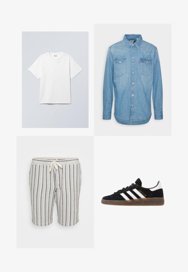 T-shirt branca de algodão com gola redonda, mangas curtas e um corte descontraído. Apresenta uma etiqueta da marca com a inscrição "WEEKDAY" na gola.; Camisa de ganga azul clara com mangas longas, colarinho pontiagudo e dois bolsos no peito. Apresenta fecho com botões e barra curva.; Calções em mistura de linho com riscas verticais em carvão e creme, apresentando uma cintura elástica com cordão e comprimento acima do joelho.; Sapatilha Adidas preta com riscas brancas, texto dourado "Spezial", sola de borracha e aba do calcanhar branca, apresentada em vista lateral.