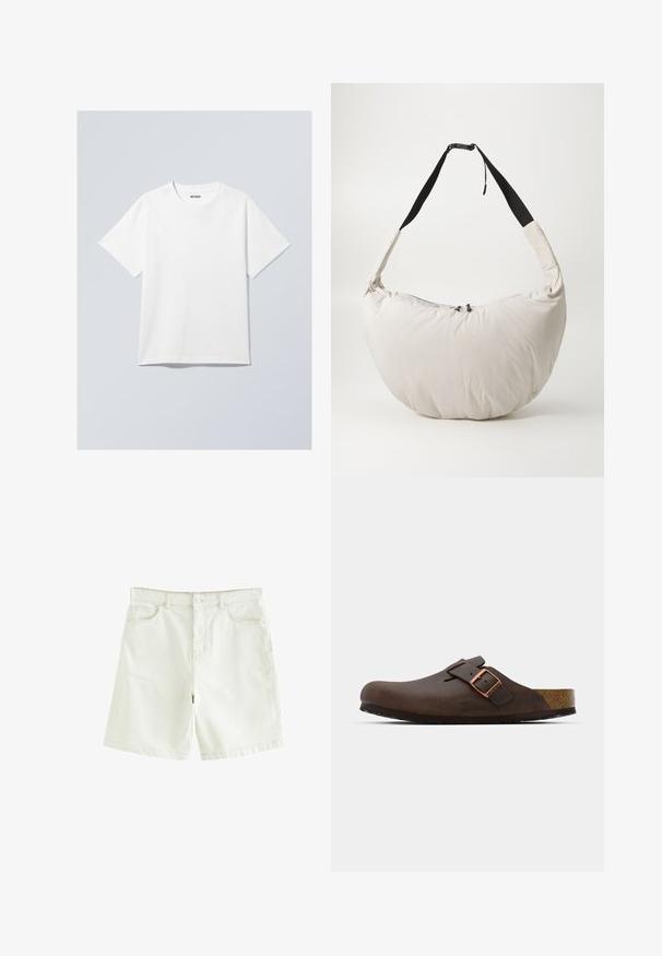 White cotton t-shirt with a crew neck, short sleeves, and a relaxed fit. Features a brand label reading "WEEKDAY" on the neckline.; White denim shorts with a straight cut, featuring five pockets, a front button closure, and visible stitching. Smooth texture.; Brown leather clog with a wide strap and a copper buckle, featuring a textured cork footbed and a thick black rubber sole.; Light beige padded shoulder bag with a curved, half-moon shape. Black strap, zipper closure, and subtle logo on the front. Soft texture.