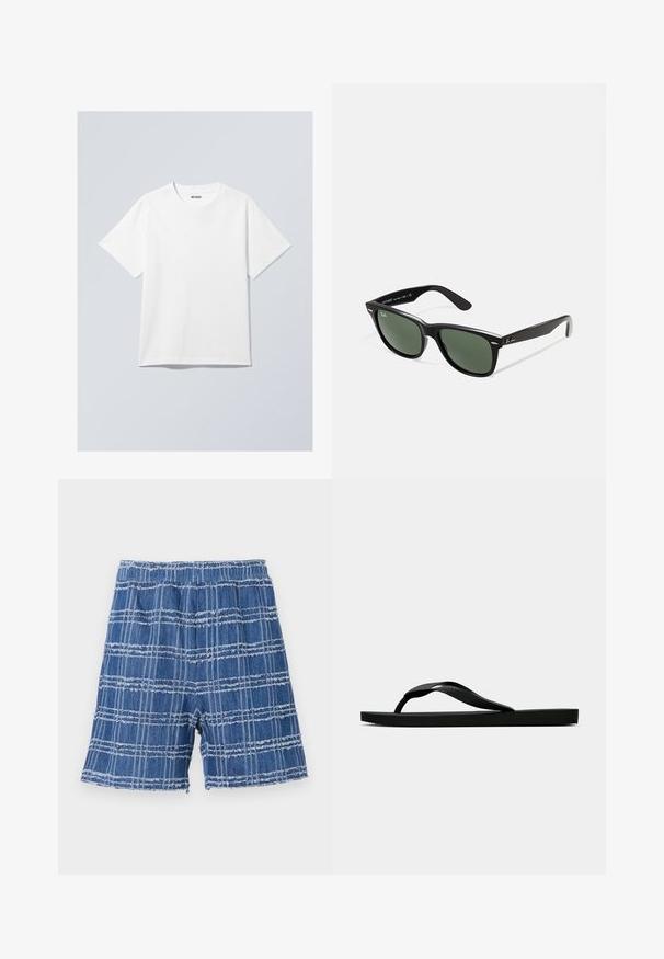 Valkoinen puuvillapaita, jossa on pyöreä kaula-aukko, lyhyet hihat ja rento leikkaus. Kauluksessa on merkkilapuke, jossa lukee "WEEKDAY".; Farkkushortsit frayed-helmalla, joissa on sininen ruutukuosi. Joustava vyötärö, suora leikkaus ja pehmeä tekstuuri.; Musta kumisaapas sandaali, jossa on teksturoitu thong-hihna ja yksinkertainen litteä pohja, esitetty sivustolta vaalealla taustalla.; Mustat muoviset aurinkolasit, joissa on vihreät linssit, neliönmuotoiset kehykset, hopeinen yksityiskohta kulmakarvojen kohdalla sekä tekstuuriset temppeleiden varret. Brändi ilmoitettu sisävarsissa.