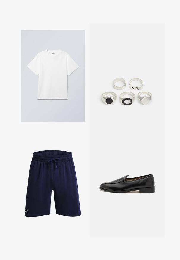 Valkoinen puuvillapaita, jossa on pyöreä kaula-aukko, lyhyet hihat ja rento leikkaus. Kauluksessa on merkkilapuke, jossa lukee "WEEKDAY".; Navy urheilushortsit, jotka on valmistettu pehmeästä kankaasta. Shortsissa on joustava vyötärönyöri ja pieni valkoinen logo vasemmalla alareunassa.; Mustat nahkakengät, joissa on sileä pinta, pyöreä kärki, matala korko ja sivuaukot helppoa pukemista varten. Edessä on huomaamaton logo-tekijä.; Viisi hopeista rengasta: yksi mustalla pyöreällä yksityiskohdalla, yksi valkoisella ja mustalla geometrisella kuviolla, ja muut eri muodoilla ja viimeistelyillä.