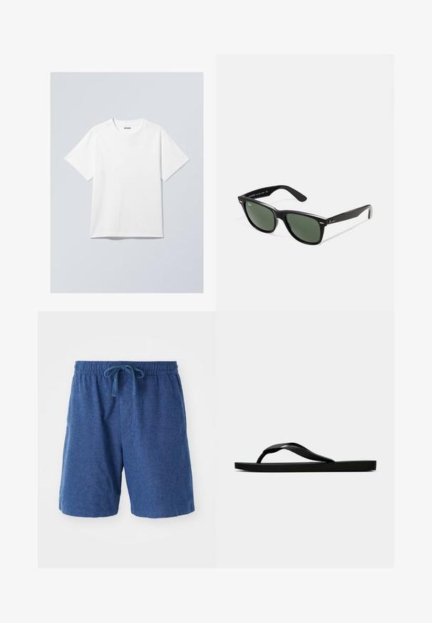 Vit bomullströja med rund halsringning, korta ärmar och avslappnad passform. Har en varumärkesetikett som säger "WEEKDAY" på halsringningen.; Blå vävda shorts med elastisk midjeband, dragsko stängning och sidofickor. Kort längd med en slät, strukturerad yta.; Svart gummislip-in sandal med ett texturerat rem och enkel platt sula, visas från sidan på en enkel ljus bakgrund.; Svarta plastsolglasögon med gröna linser, fyrkantiga bågar, silverdetalj på ögonbrynet och texturerade skalmar. Angiven märkning på den inre skalmen.