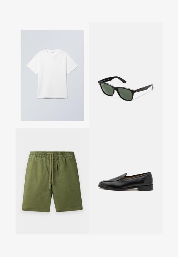 Biała bawełniana koszulka z okrągłym dekoltem, krótkimi rękawami i luźnym krojem. Ma etykietę z nazwą marki "WEEKDAY" na dekolcie.; Khaki zielone szorty wykonane z miękkiej bawełny, z elastycznym paskiem w talii i sznurkiem, oraz bocznymi kieszeniami. Gładka tekstura, swobodny design.; Czarne skórzane mokasyny z gładkim wykończeniem, zaokrąglonym noskiem, niskim obcasem i bocznymi szczelinami ułatwiającymi zakładanie. Na przodzie znajdują się subtelne detale z logo.; Czarne plastikowe okulary przeciwsłoneczne z zielonymi szkłami, kwadratowe oprawki, srebrny akcent na brwi oraz fakturowane ramiona temple. Nazwa marki podana na wewnętrznej stronie ramion.; Zestaw pięciu metalowych pierścieni o różnej szerokości. Pierścienie mają gładką, wypolerowaną powierzchnię i jednolity srebrny kolor.