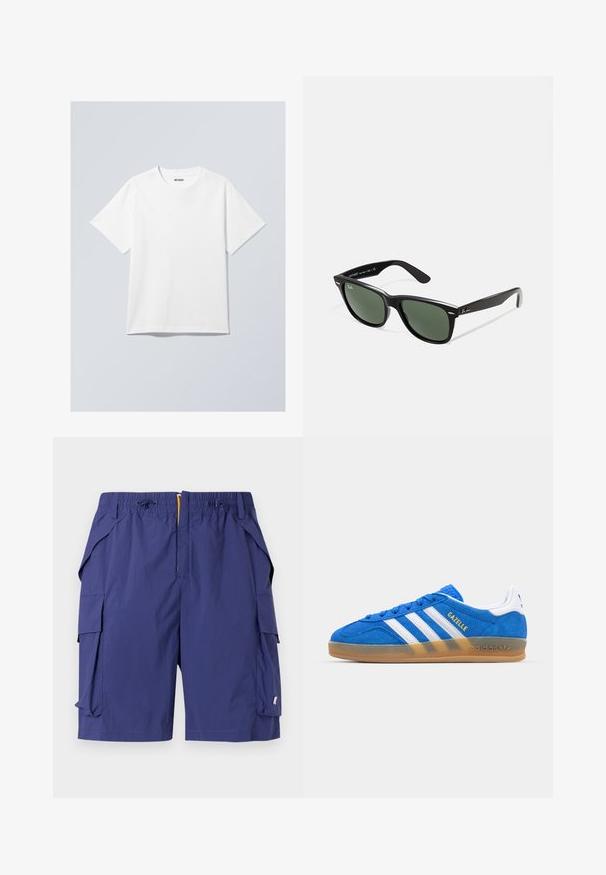 Camiseta blanca de algodón con cuello redondo, mangas cortas y un ajuste holgado. Presenta una etiqueta de marca que dice "WEEKDAY" en el cuello.; Pantalones cortos cargo azul marino hechos de una tela ligera, con cinturilla elástica, múltiples bolsillos laterales y un acabado suave y texturizado.; Zapatillas de ante azul con rayas blancas y texto "Gazelle". Presentan una suela de goma y detalles texturizados en la parte superior. Diseño clásico.; Gafas de sol de plástico negro con lentes verdes, montura cuadrada, acento plateado en la ceja y brazos texturizados. Marca indicada en el brazo interno.