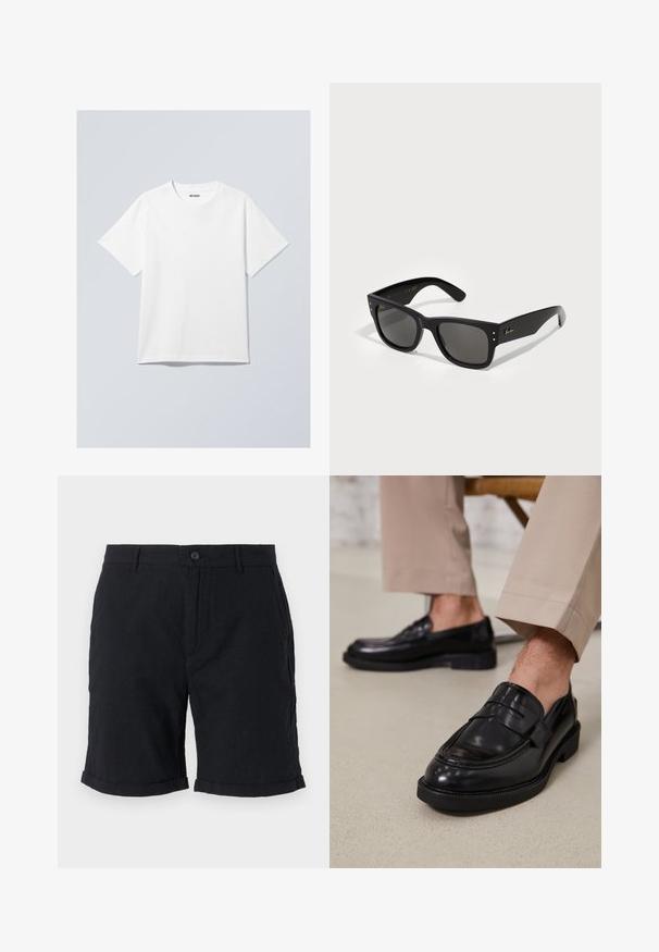 T-shirt en coton blanc avec col rond, manches courtes et coupe décontractée. Présente une étiquette de marque portant le nom "WEEKDAY" sur le col.; Shorts en lin noirs avec fermeture à bouton, présentant des ourlets retroussés et des poches latérales, offrant une finition texturée et un design décontracté.; Mocassins en cuir noir avec une finition lisse, ornés d'une sangle décorative et de coutures contrastées, associés à un pantalon beige.; Lunettes de soleil noires avec une monture carrée, dotées de verres sombres. Accentué par de petits points dorés et un logo doré sur la branche. Texture lisse.