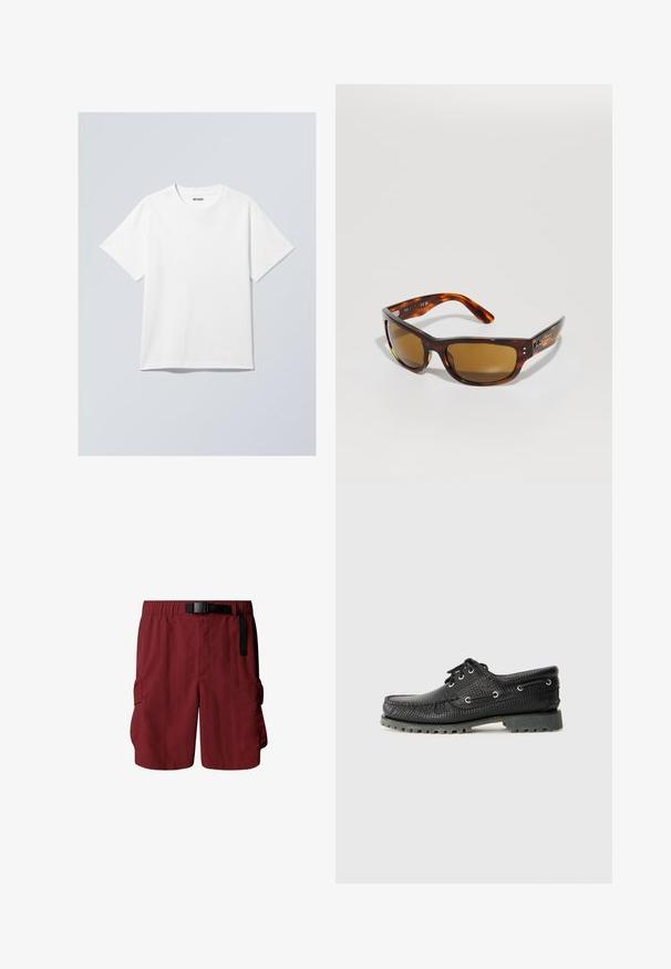 White cotton t-shirt with a crew neck, short sleeves, and a relaxed fit. Features a brand label reading "WEEKDAY" on the neckline.; Maroon cargo shorts with an elastic waistband and adjustable belt. Features two side pockets for storage. Made of lightweight fabric.; Black textured lace-up shoe with round toe, metal eyelets, and a rugged gray rubber sole. Features a woven pattern on the upper.; Tortoiseshell sunglasses with brown lenses. Sleek rectangular frame, smooth texture, subtle branding on side, and curved arms for comfort.