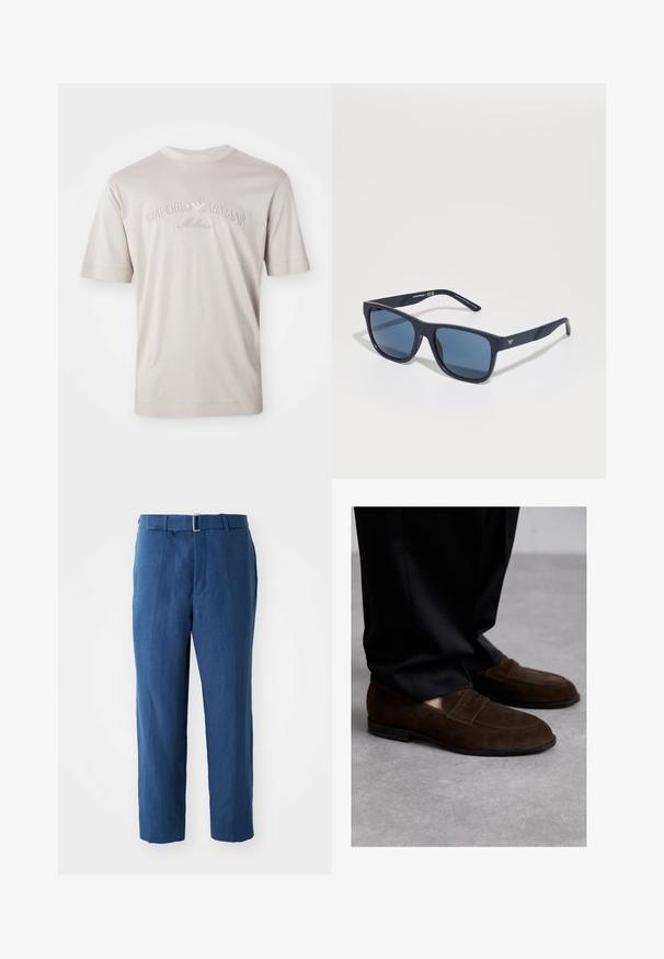 Gaišs beidzies īsām piedurknēm t-krekls no mīksta auduma, uz kura ir izšūts "Emporio Armani Milano" logo nedaudz tumšākā tonī.; Tumši zili, pielāgoti bikses, izgatavotas no viegla auduma. Ir izcila josta un taisna kāju griezuma, gluda tekstūra.; Bally CHARNEY - Lietišķa stila iešļūcenes - ebano; Zilie taisnstūra saulesbrilles ar tumšiem stikliem, matēta jūras zila ietvaros, logo detaļa uz tempļa, taisnas rokas un cieta, gluda virsma.
