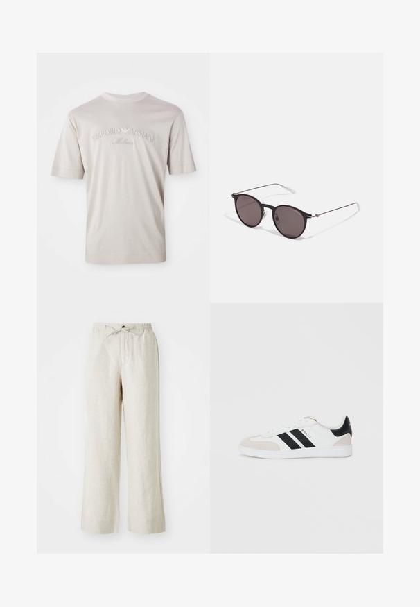 Šviesiai smėlinės spalvos trumpas rankovės marškinėliai, pagaminti iš minkštos medžiagos, su šiek tiek tamsesnės spalvos siuvinėtu "Emporio Armani Milano" logotipu.; Lino kelnes šviesiai smėlio spalvos, su laisvu kirpimu, elastinga juostele ir raišteliu, taip pat šoninėmis kišenėmis patogumui.; Baltos sportbačiai su juodomis juostelėmis, minkštomis smėlio spalvos zomšos detalėmis ir balta gumine padanga. Yra raištelių užsegimo dizainas ir prekės ženklo logotipas šone.; Juodos apvalios saulės akinių su tamsiais lęšiais ir plonomis metalinėmis šakomis. Įtraukti skaidrūs šventyklų galai ir sidabriniai akcentai vyrio srityje. Minimalistinis dizainas.