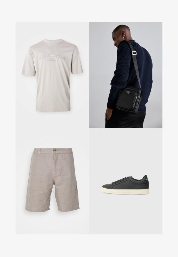 Šviesiai smėlinės spalvos trumpas rankovės marškinėliai, pagaminti iš minkštos medžiagos, su šiek tiek tamsesnės spalvos siuvinėtu "Emporio Armani Milano" logotipu.; Smėlio spalvos lino šortai su laisvu siluetu, turi mygtukų uždarymą, diržo kilpas ir lygią tekstūrą. Nėra matomų raštų ar akcentų.; Juodos odinės sportinės bateliai su žemu profiliu, apvaliu pirštu ir raištelių uždarymu; turi tekstūruotą guminį padą ir logotipo detalę ant kulno.; Juodas odinis kryžiumi nešiojamas krepšys su užtraukiamu skyriumi, logotipo detale ir prekinio ženklo reguliuojama juosta. Dėvimas ant tekstūrinio tamsiai mėlyno megztinio.
