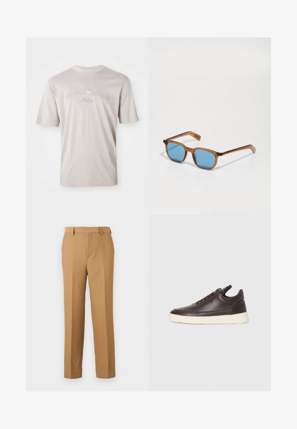 Απαλή, ανοιχτού μπεζ κοντομάνικη μπλούζα φτιαγμένη από μαλακό ύφασμα, με κεντημένο λογότυπο "Emporio Armani Milano" σε ελαφρώς πιο σκούρο τόνο.; Μπεζ παντελόνι από υφαντό ύφασμα, με ίσια γραμμή, επίπεδο μπροστινό μέρος και βρόχους ζωνάκι. Λείο υφάδι χωρίς ορατά σχέδια.; Σκούρο καφέ υφασμάτινο δερμάτινο αθλητικό παπούτσι με δέσιμο μπροστά και λευκή ανάγλυφη καουτσούκ σόλα σε απλή ανοιχτόχρωμη φόντο.; Καφέ πλαστικά γυαλιά ηλίου με μπλε φακούς, τετράγωνο σχήμα, λεπτά χερούλια, υφή στους κρότους και λειασμένη επιφάνεια.