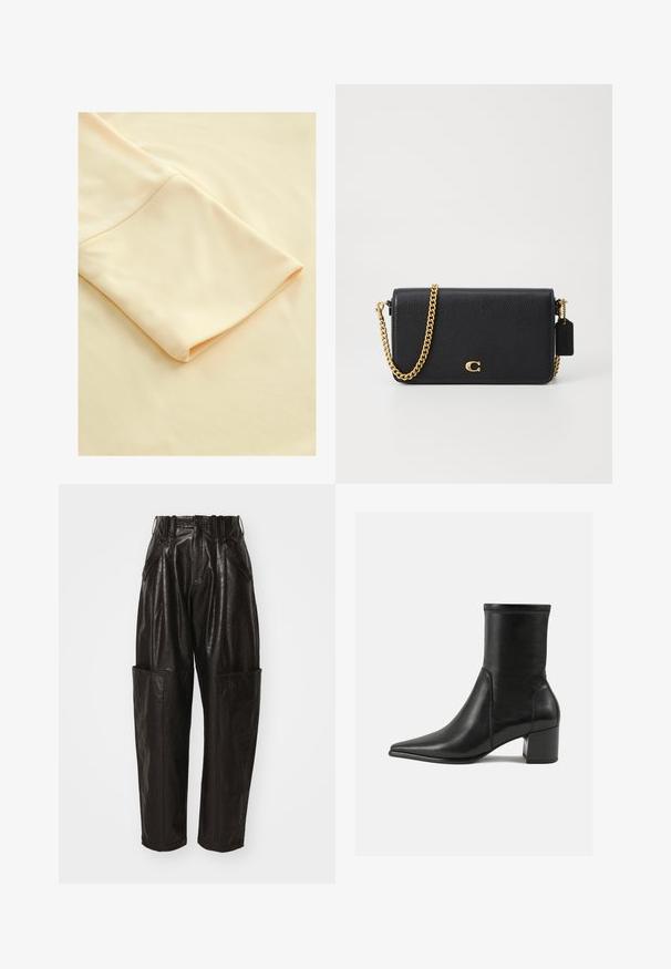 Světle béžová tkanina s ohnutým rukávem, která zobrazuje hladkou texturu a jemný vzhled, zdůrazňující její jednoduchost a eleganci.; Černé kožené kalhoty s vysokým pasem, plisé vpředu a bočními kapsami. Hladká textura, volný střih, zúžené nohavice a minimální branding.; Černé kožené kotníkové boty s hladkým povrchem, špičatou špičkou, blokovým podpatkem a výrazným vyvýšeným šitím na horním okraji.; Černá kožená crossbody taška s texturovaným povrchem, zlatým řetězovým popruhem a malou visačkou. Na přední straně se nachází výrazné logo.; Zlatý náramek s hladkým, lesklým povrchem, kulatého tvaru a jemným detailem zapínání.