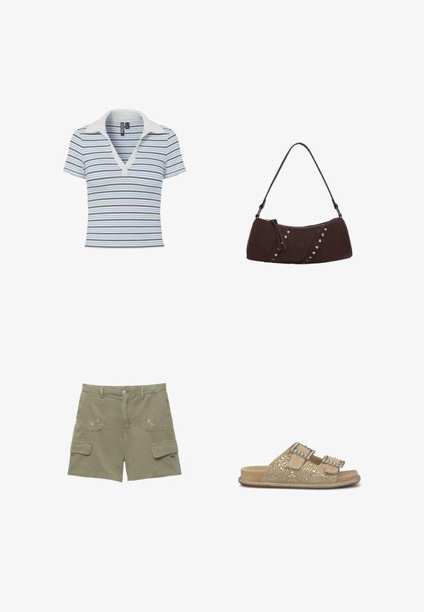 Polo a maniche corte di colore azzurro chiaro con righe orizzontali di larghezze variabili. Presenta un colletto morbido grigio chiaro e una scollatura profonda a V.; Pantaloni cargo in cotone verde oliva con due tasche frontali, una tasca laterale e chiusura a bottone metallico. Texture liscia e vestibilità su misura.; Sandalo piatto in suede beige con motivi a intaglio, doppie cinghie regolabili con fibbie decorative e dettagli bordati di perline.; Borsa a tracolla in finta pelle marrone con forma curva, chiusura con zip e borchie decorative argentate su un lato. Presenta una spallina corta.