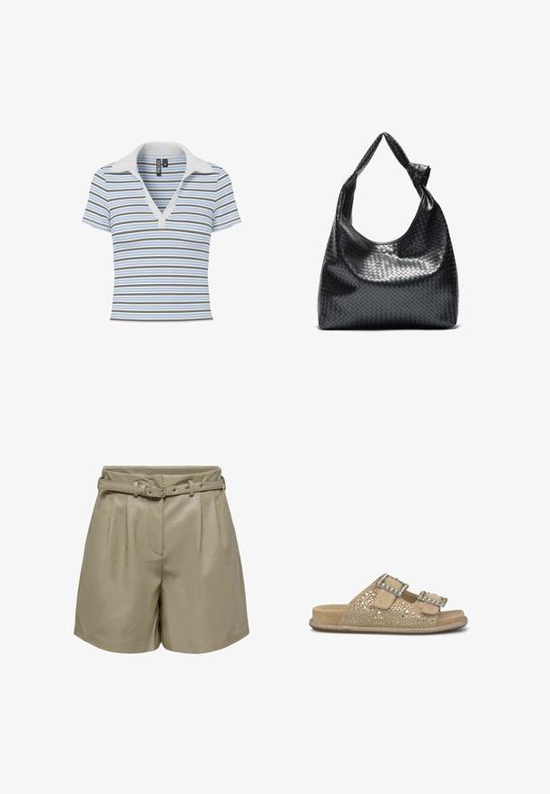 Polo a maniche corte di colore azzurro chiaro con righe orizzontali di larghezze variabili. Presenta un colletto morbido grigio chiaro e una scollatura profonda a V.; Pantaloni corti in ecopelle beige con vita con cinturino, design plissettato, tasca frontale e texture liscia. Presenta accessori metallici argento sul cinturino.; Sandalo piatto in suede beige con motivi a intaglio, doppie cinghie regolabili con fibbie decorative e dettagli bordati di perline.; Borsa a mano in pelle intrecciata nera con un design morbido, dotata di una tracolla annodata e di un piccolo chiodo decorativo in oro nella parte superiore.