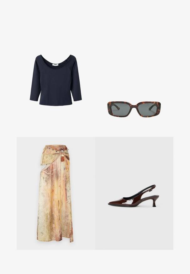 Marineblaues 3/4-Ärmel-Oberteil mit weitem Rundhalsausschnitt, aus weichem Stoff gefertigt. Verfügt über Raglanärmel und einen geraden Saum.; Langer, drapierter Rock aus lagenweise strukturiertem Stoff in warmen Tönen von Gelb, Orange und Braun. Verfügt über einen dekorativen Perlen-Gürtel.; Braune Lackleder-Slingback-Schuhe mit spitzer Zehe und moderatem Absatz. Mit einem Schnallenriemen für einen sicheren Sitz. Glatte Textur.; Sonnenbrille im Schildpatt-Design mit rechteckigen Gläsern, dicken Rahmen und dunkelgetönten Gläsern. Glatte Textur und minimalistisches Design.