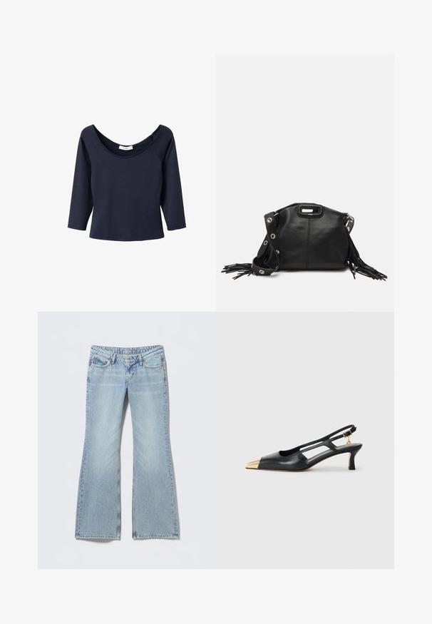 Marineblaues 3/4-Ärmel-Oberteil mit weitem Rundhalsausschnitt, aus weichem Stoff gefertigt. Verfügt über Raglanärmel und einen geraden Saum.; Hellblaue Jeans mit ausgestelltem Bein, verblasstem Finish, Fünf-Taschen-Design und kontrastierenden Nähten. Baumwoll-Denim mit glatter Textur.; Schwarze Leder-Slingback-Schuh mit spitzem Zeh und goldfarbener Metallic-Kappe. Verfügt über ein Ausschnittdesign und einen schlanken Absatz mit verstellbarem Riemen.; Maje MISS MINI - Umhängetasche - noir