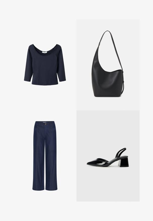 Mornarsko modra majica s 3/4 rokavi in širokim izrezom, izdelana iz mehkega blaga. Ima raglan rokave in ravno rob.; ICHI Kavbojke na trapez - dark blue; Črne lakirane slingback pete s koničastim nosom in geometrijsko blokasto peto. Imajo eleganten, minimalističen dizajn in gladko teksturo.; Črna usnjena hobo torba z gladko teksturo, ukrivljeno obliko in eno nastavljivo naramnico; ima širok odprtina na vrhu.