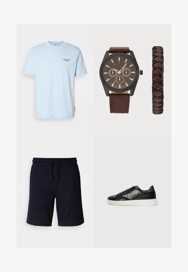 T-shirt en coton bleu clair à col rond avec des manches courtes et une petite imprimé foncé qui dit « MARC O’POLO DENIM » sur la poitrine.; Shorts bleu marine avec une taille élastique et un cordon de serrage. Tissu texturé avec une finition lisse, comportant des coutures latérales.; Baskets noires avec un dessus en cuir gaufré effet crocodile, bout rond et semelle en caoutchouc blanc contrastant avec une finition lisse.; Pier One SET - Montre - black/brown