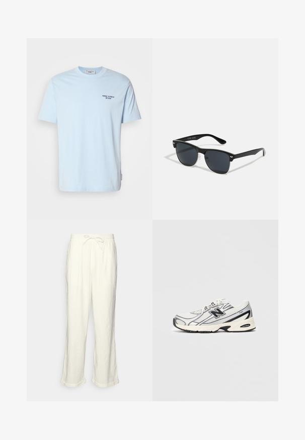 Light blue cotton crew neck t-shirt featuring short sleeves and a small dark print that says “MARC O’POLO DENIM” on the chest.; Linen trousers in off-white with a drawstring waistband, slightly wide legs, and rolled cuffs for a relaxed fit. No pockets.; White and gray athletic sneaker with black "N" logo, mesh upper, cushioned sole, and lace-up design, shown on plain light gray background.; Black sunglasses with a rectangular shape, dark lenses, silver accents at the temples, and a matte finish on the frame.
