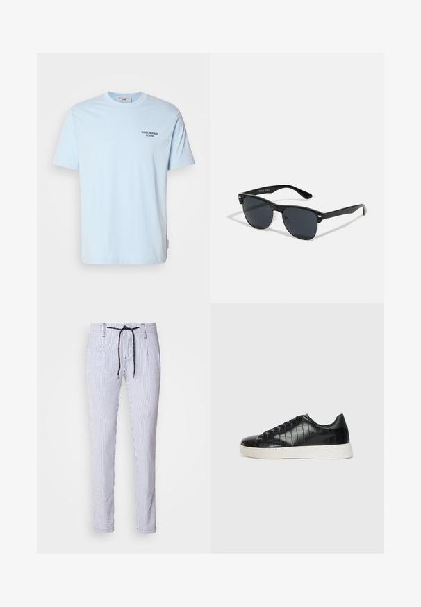 T-shirt in cotone azzurro chiaro a girocollo con maniche corte, decorato con una piccola stampa scura che dice "MARC O’POLO DENIM" sul petto.; Pantaloni a righe in misto cotone blu chiaro e bianco, con vita regolabile, tasche laterali e un design attillato con gambe affusolate.; Sneaker nere con una toma superiore in pelle con effetto croc embossato, punta rotonda e suola in gomma bianca a contrasto con una finitura liscia.; Occhiali da sole neri con forma rettangolare, lenti scure, dettagli in argento alle tempie e finitura opaca sulla montatura.