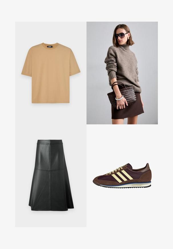 T-shirt de algodão bege com decote redondo, mangas curtas e um ajuste relaxado. Textura suave com costura ao longo da bainha e das mangas.; Saia A-line de couro preto, com textura suave, comprimento até a meia panturrilha, apresenta detalhes de costura horizontal na cintura e nas costuras para adicionar estrutura.; Sapatilhas castanhas e burgundy com materiais em camurça e malha, apresentando três riscas cremes, tecido texturizado na lingueta e sola de borracha.; DRAGON DIFFUSION MINI FLAT GORA - Mala de mão - dark brown