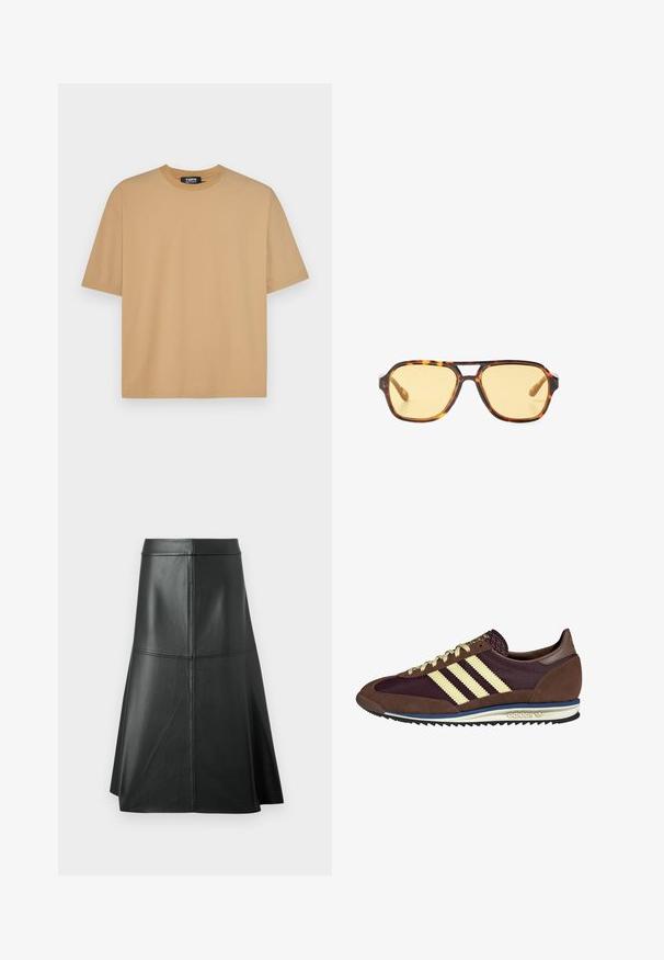 Béžové bavlnené tričko s okrúhlym výstrihom, krátkymi rukávmi a uvoľneným strihom. Hladká textúra s prešívaním pozdĺž spodného lemu a rukávov.; Čierna kožená sukňa A-štýlu, hladká textúra, dĺžka pod kolená, s horizontálnym prešívaním v páse a na švoch pre dodatočnú štruktúru.; Hnedé a bordové tenisky z semišu a sieťoviny, s tromi krémovými pruhmi, textúrovanou tkaninou na jazyku a gumovou podrážkou.; Korytnačie slnečné okuliare s geometrickým dizajnom, žltými sklami a kovovými akcentmi na spánkoch. Široký rám a matný povrch.
