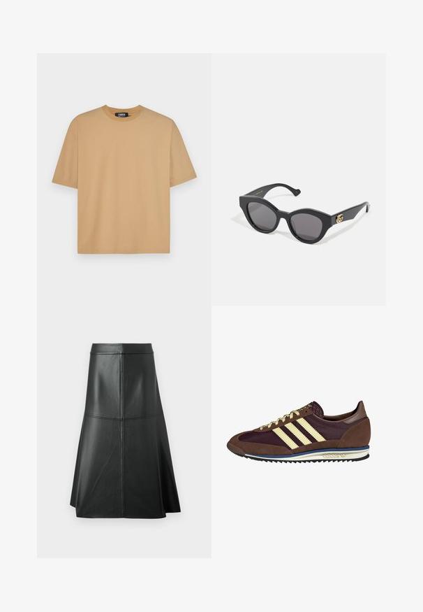 Beige cotton t-shirt with a crew neckline, short sleeves, and a relaxed fit. Smooth texture with stitching along the hem and sleeves.; Black leather A-line skirt, smooth texture, mid-calf length, features horizontal stitching detail at the waist and seams for added structure.; Brown and burgundy sneaker with suede and mesh materials, featuring three cream stripes, textured fabric on the tongue, and a rubber sole.; Black sunglasses with an angular cat-eye shape, featuring dark tinted lenses. Gold logo accent on the temple. Smooth plastic frame.