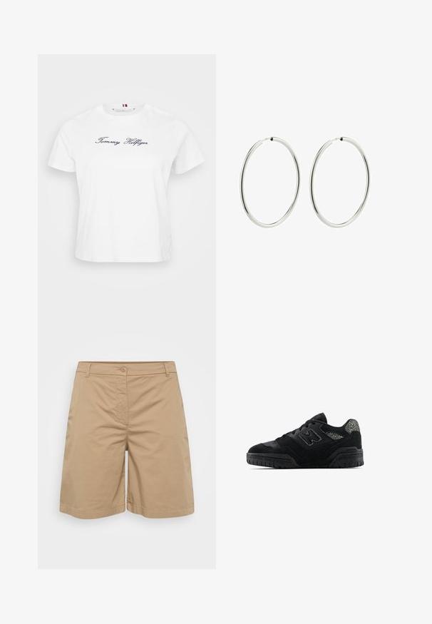 Weißes Baumwoll-T-Shirt mit kurzen Ärmeln, das auf der Vorderseite ein dunkelblaues, gesticktes "Tommy Hilfiger"-Logo hat. Rundhalsausschnitt.; Khaki-Shorts aus weichem Baumwollmix, mit geradem Bein, Knopfverschluss und Fronttaschen.; Schwarze Low-Top-Sneaker mit strukturiertem Sohlen, Schnürdesign, Wildlederpaneelen und gemusterten Akzenten an der Ferse sowie am Seitenlogo.; Silberne Creolen mit einer glatten, polierten Oberfläche. Kreisförmig, gleichmäßige Breite, entworfen für einfaches Anlegen. Einfach und elegant.