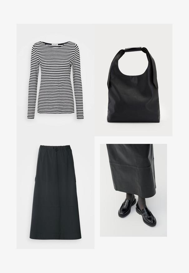 Cămașă cu mânecă lungă și decolteu rotund, având un model în dungi alb-negru. Fabricată dintr-un material moale, cu o croială normală. Design curat și minimalist.; Ecoalf SKIRT WOMAN - Fustă în formă de A - black; Loaferi negri din piele cu o finisare netedă, dotati cu o curea decorativă, vârf rotund și talpă texturată. Purtați cu o fustă lungă din piele neagră.; Geantă hobo din piele neagră, cu un singur mânere moale și rotunjit; are o textură fină și un design minimalist. Fără accesorii sau detalii vizibile.