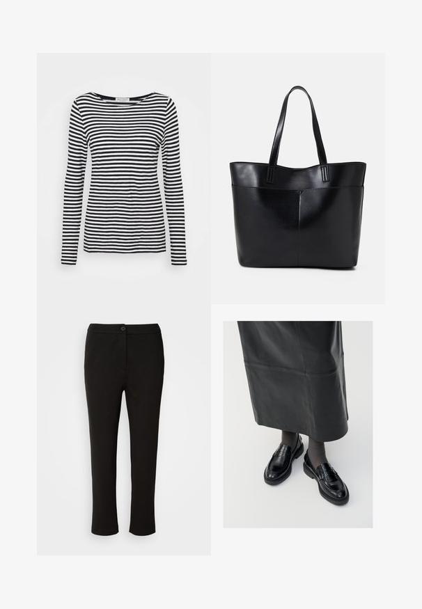 Majica s dugim rukavima i okruglim izrezom koja ima crno-bijeli prugasti uzorak. Izrađena je od mekog materijala s regularnim krojem. Čist, minimalistički dizajn.; Marc O'Polo MEDIUM WAIST SLIM LEG ANKLE LENGTH LOOK - Hlače - black; Crne kožne mokasine s glatkom završnom obradom, s dekorativnom trakicom, okruglim vrhom i teksturiranom potplatom. Nosi se s dugom crnom kožnom suknjom.; Crna kožna torba s dugim ručkama, glatkom teksturom i strukturiranim oblikom. Ima prednju džep za dodatno pohranu.