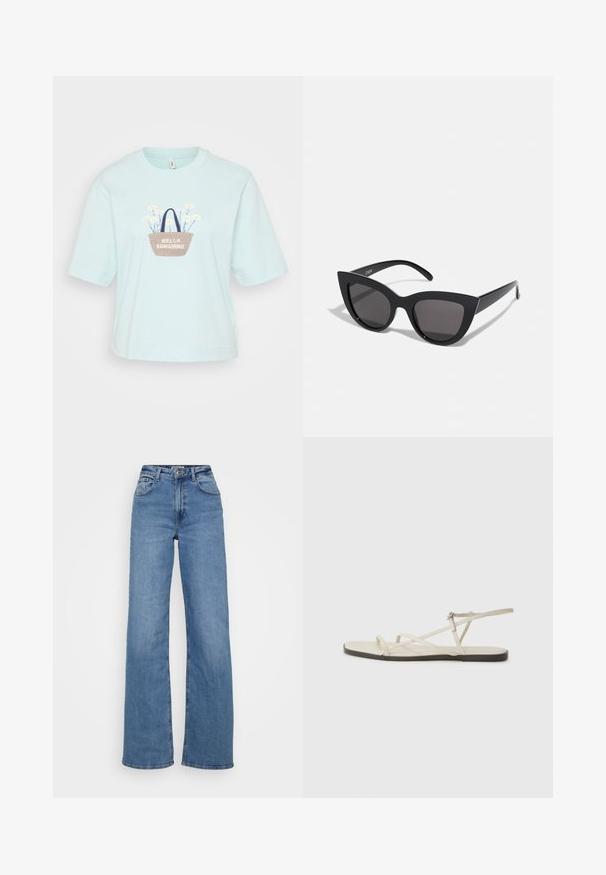 Γιακάς κοντύτερος μπλουζάκι σε ανοιχτό μπλε χρώμα με κοντά μανίκια, που διαθέτει κεντημένο σχέδιο με καλάθι και λουλούδια καθώς και το κείμενο "ΓΕΙΑ ΣΟΥ ΗΛΙΟΣ." Κατασκευασμένο από βαμβάκι, άνετη εφαρμογή.; Φαρδιές μπλε τζιν παντελόνες από ντένιμ, με ψηλή μέση, κλασικό σχέδιο πέντε τσεπών και καθαρό στρίφωμα με ελάχιστη φθορά.; Μπεζ επίπεδες σαγιονάρες με πολλές λεπτές λωρίδες και ρυθμιζόμενο κούμπωμα. Η σόλα είναι επίπεδη με ελαφρώς σκούρα αντίθεση στην άκρη.; Μαύρα γυαλιά ηλίου με σχήμα γατίσιας ματιού και ματ φινίρισμα, με γκρι φακούς και αιχμηρές γωνίες, καθώς και κομψά μπράτσα. Το όνομα της μάρκας είναι ορατό στο εσωτερικό του μπράτσου.