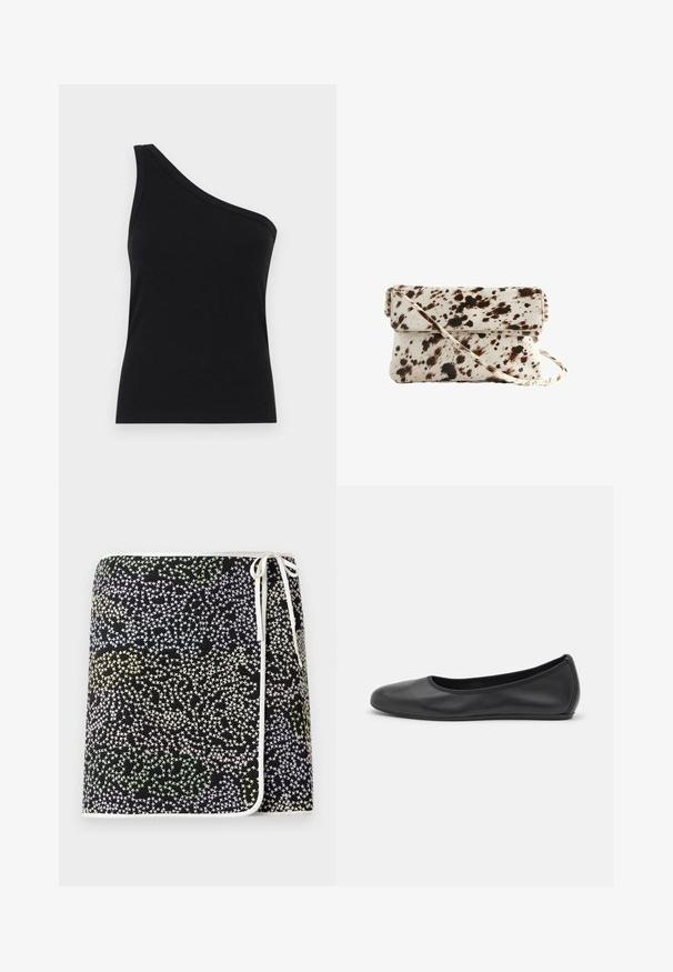 Top tank din material ribbed, negru, cu un umăr, cu un design ajustat și o textură moale. Prezintă o croială curată și minimă, cu o linie de gât fină.; Fustă neagră cu împachetare, având un model cu stele multicolore în nuanțe de galben pastelat, verde și albastru, accentuată cu margine și fundiță albă.; Balerini din piele neagră, cu vârf rotund, textură netedă, detalii de cusătură minimale și un design al tălpii flexibil.; Geantă din piele de vacă cu o bază crem și pete maro închise, de formă rectangulară, cu capac pliabil și curea de umăr detașabilă.