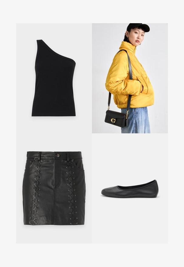 Ühe õla must ribakanga tank top, millel on vormikujundus ja pehme tekstuur. Omab puhtat, minimalistlikku lõiget ja sujuvat kaelust.; Mustast nahkmini seelik, mille külgedel on paelad metallist silmadega, viie taskuga disain ja keha lähedane siluett.; Musthave mustika tantsutossud mustast nahast, ümmarguse varbaga, siledast tekstuurist, minimaalse õmblusdetailiga ja paindliku tallakujundusega.; Kollane vooderdatud jakk kõrge kraega ja esikotiga, koos musta ristseljakotiga, millel on kuldsed elemente. İdavis mõnusad teksad.