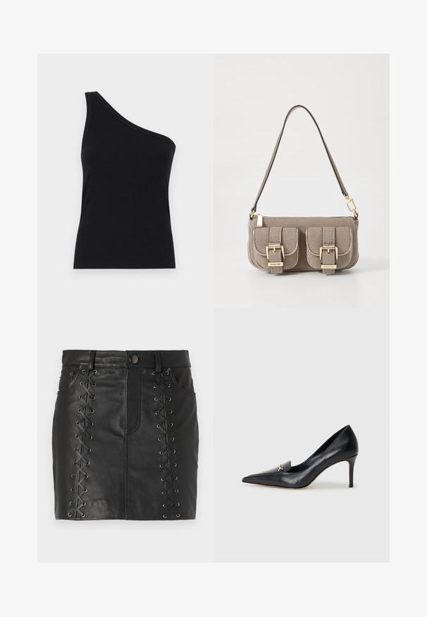 Vienu plecu melns ribots topiņš ar pieguļošu dizainu un mīkstu tekstūru. Iezīmējas ar tīru, minimālu griezumu un gludu apkakli.; Melnas ādas mini svārki ar mežģīņu detaļām sānos ar metāla acīm, piecu kabatu dizains un pieguļošs siluets.; Melnas ādas sūkņi ar norādītu pirkstu, zemu griezumu un dekoratīvu zelta akcentu. Iezīmējas ar stiletto papēdi un gludu tekstūru.; Bežs teksturēts roku soma ar regulējamu siksnu, divas priekšējās kabatas, kas aizveras ar sprādzēm, un zelta aksesuāriem. Augšā ar rāvējslēdzēja aizdari.