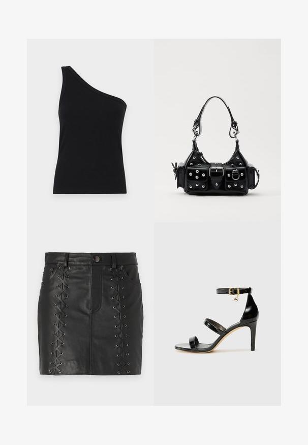 One-shoulder black ribbed tank top with a fitted design and soft texture. Features a clean, minimal cut and smooth neckline.; Black leather mini skirt featuring lace-up detailing on the sides with metal eyelets, five-pocket design, and a fitted silhouette.; Black patent leather sandal with three straps, ankle buckle, and 4-inch stiletto heel. Features gold hardware detail and logo charm.; Black leather handbag with a curved design, featuring silver studs, a buckle, and two side pockets. Adjustable strap for carrying options.