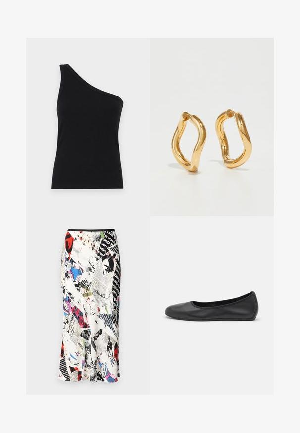 Débardeur noir à côtes à une épaule, avec un design ajusté et une texture douce. Présente une coupe épurée et minimale ainsi qu'un col lisse.; Diane von Furstenberg MAE SKIRT - Jupe crayon - multi coloured; Ballerines en cuir noir avec un bout rond, texture lisse, détails de couture minimalistes et design de semelle flexible.; Boucles d'oreilles en forme de cerceau de couleur dorée avec une forme courbée et irrégulière et une texture lisse et polie. Aucun matériel ou accent visible.