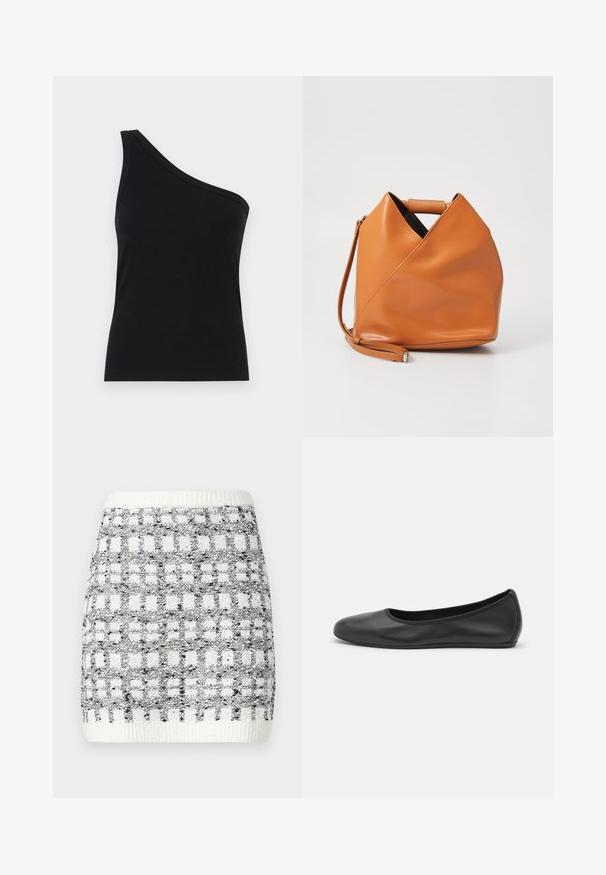 Egyszerű, fekete, bordázott, egyvállas ujjatlan felső, testhez simuló fazonnal és puha textúrával. Tiszta, minimalista szabás és sima nyakkivágás jellemzi.; Fekete-fehér, négyzetmintás kötött szoknya, bordás derékpánttal és texturált felülettel. Térd feletti hosszúság.; Fekete bőr balettcipő lekerekített orral, sima tekstúrával, minimális varrással és rugalmas talp kialakítással.; Barna bőr kézitáska egyedi háromszög alakú hajtásdizájnnal, felső fogantyúval és levehető vállpánttal, fehér háttér előtt.