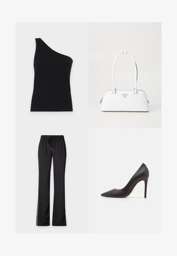 Čierny rebrovaný top na jedno rameno s priliehavým strihom a jemnou textúrou. Obsahuje čistý, minimalistický strih a hladký výstrih.; Čierne športové nohavice s elastickým pásom a šnúrkou, rovné nohy a biele bočné pruhy, vyrobené z hladkej, ľahkej tkaniny.; Čierne kožené lodičky na vysokom opätku s špicatou špičkou a hladkou textúrou, s štíhlym opätkom a minimalistickým dizajnom.; Biely kožený kabelka s oblým tvarom, so strieborným trojuholníkovým logom a zipsovým uzáverom. Hladký povrch a dvojité uši.