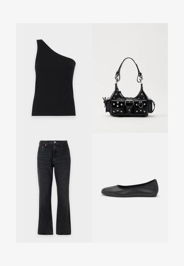 Juosmens juodos spalvos ribotuvas su viena petnešėle, tinkamu dizainu ir minkšta tekstūra. Išskirtinis švarus, minimalistinis kirpimas ir sklandus iškirpimas.; Juodos plačios džinsinės kelnės, pagamintos iš džinsinio audinio, su aukštu liemeniu, priekinėmis kišenėmis ir vario spalvos detalėmis. Lygus paviršius su minimaliais išblukimais.; Juodai odiniai baletai su apvaliu pirštu, lygi texture, minimalus siuvimo detales ir lanksčiu padų dizainu.; Juodas odinis rankinukas su kreiviu dizainu, su sidabro spalvos knopkėmis, užsegimu ir dviem šoninėmis kišenėmis. Reguliuojama dirželis nešimui.