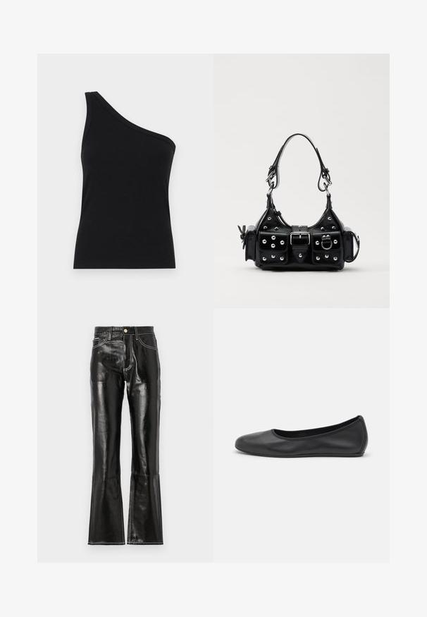 Top de tanque preto com um ombro, com um design justo e textura suave. Apresenta um corte limpo e minimalista e um decote suave.; Calças pretas, de cintura alta, em estilo flare, feitas de material brilhante com costuras brancas em contraste e um fecho zip na frente. Inclui dois bolsos frontais.; Bailarina preta em pele com bico arredondado, textura suave, detalhe de costura minimalista e design de sola flexível.; Bolsa de couro preta com um design curvado, apresentando tachas prateadas, uma fivela e dois bolsos laterais. Alça ajustável para opções de transporte.
