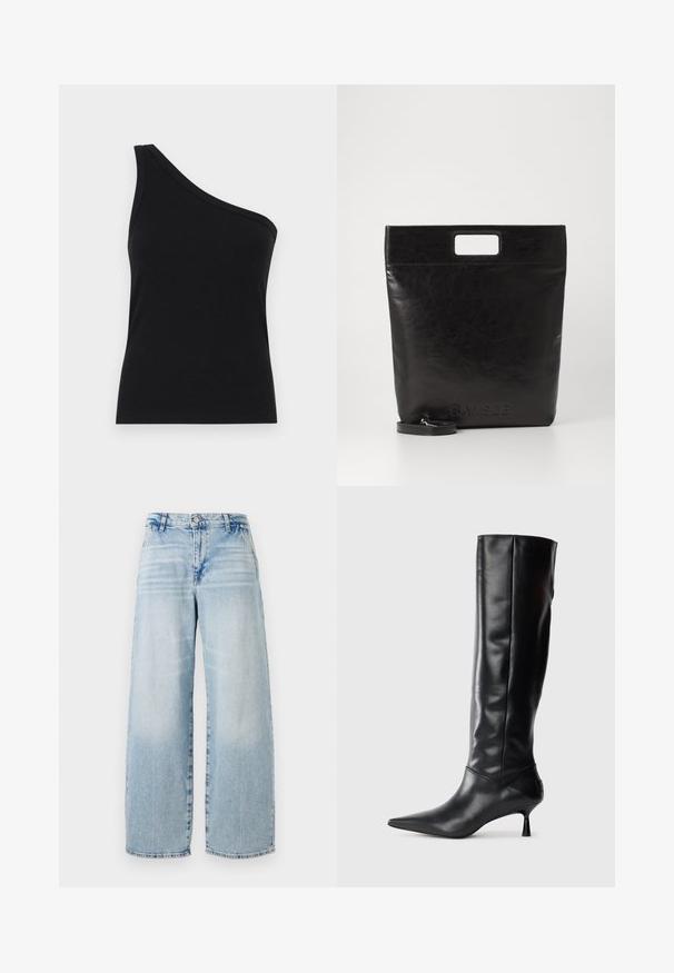 Top tank din material ribbed, negru, cu un umăr, cu un design ajustat și o textură moale. Prezintă o croială curată și minimă, cu o linie de gât fină.; Jeans din denim albastru deschis, cu picioare largi, talie înaltă, efect subtil de uzură, margine brută și design clasic cu cinci buzunare.; Botine negre din piele, până la genunchi, cu vârf ascuțit și toc subțire, curbat. Textură netedă, design ajustat și fără elemente de prindere sau modele vizibile.; Geantă tote din piele neagră, cu un mâner pătrat, având un finisaj texturat și un logo embosat. Include o curea detasabilă.