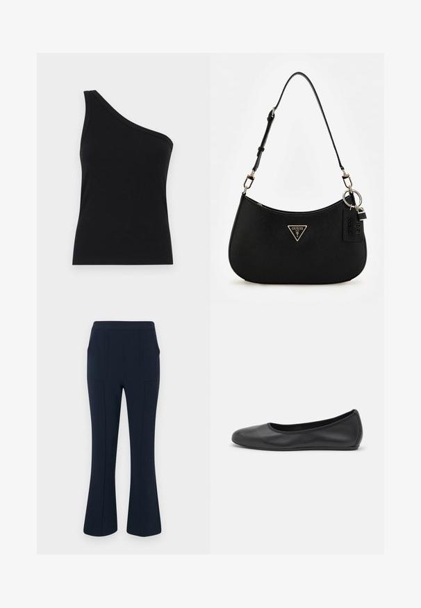 Zwarte ribbel tanktop met één schouder, met een aansluitend ontwerp en een zachte textuur. Kenmerkt zich door een strakke, minimalistische snit en een soepele halslijn.; Marineblauwe flared broeken met twee voorzakken, gemaakt van een gladde, rekbare stof en voorzien van een aansluitende tailleband en strakke lijnen.; Zwarte leren ballerina met een ronde neus, gladde textuur, minimale stikdetails en een flexibele zoolontwerp.; Zwarte synthetische schoudertas met een gebogen silhouet, textuurafwerking, gouden driehoeklogo en afneembare hardwareaccenten.