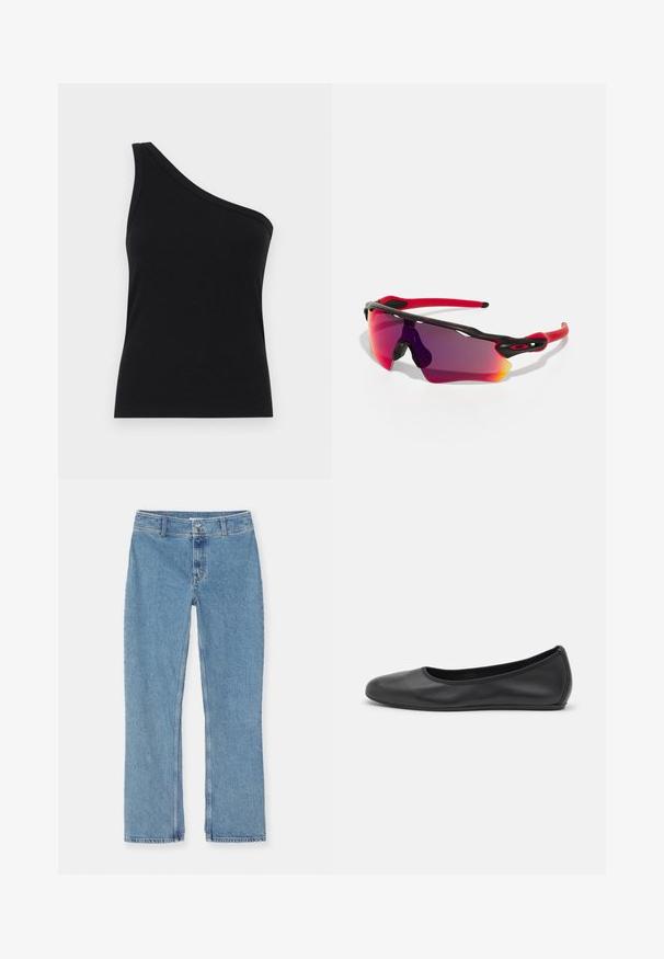 Løsningstanktop med en skulder i sort ribbet stof, der har et tætsiddende design og blød tekstur. Har en ren, minimalistisk skæring og en glat halsudskæring.; Lyseblå denim jeans med lige ben, med knap- og lynlåslukning, bæltesløjfer og standard syninger på en hvid baggrund.; Sort læderballetsko med rund tå, glat tekstur, minimal syning og et fleksibelt såldesign.; Oakley RADAR PATH UNISEX - Solbriller - 100t matte black