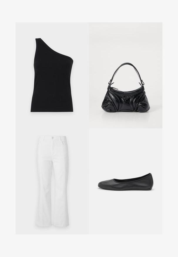 Ühe õla must ribakanga tank top, millel on vormikujundus ja pehme tekstuur. Omab puhtat, minimalistlikku lõiget ja sujuvat kaelust.; Valged flared teksad kõrge vöökohaga, küljetaskutega ja toore äärega. Valmistatud denimist, millel on sile tekstuur ja minimalsed õmbluse detailid.; Musthave mustika tantsutossud mustast nahast, ümmarguse varbaga, siledast tekstuurist, minimaalse õmblusdetailiga ja paindliku tallakujundusega.; Musta kott, mis on valmistatud tekstureeritud nahast ja omab ümarat kuju. Sellel on õhuke õlarihm ja dekoratiivsed reljeefmustrit.